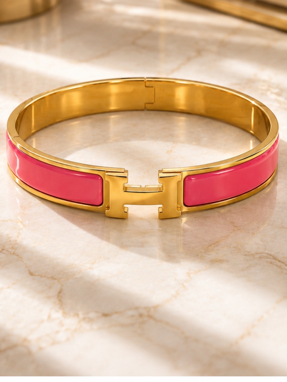Gold Tone Pink Enamel H Bangle Bracelet